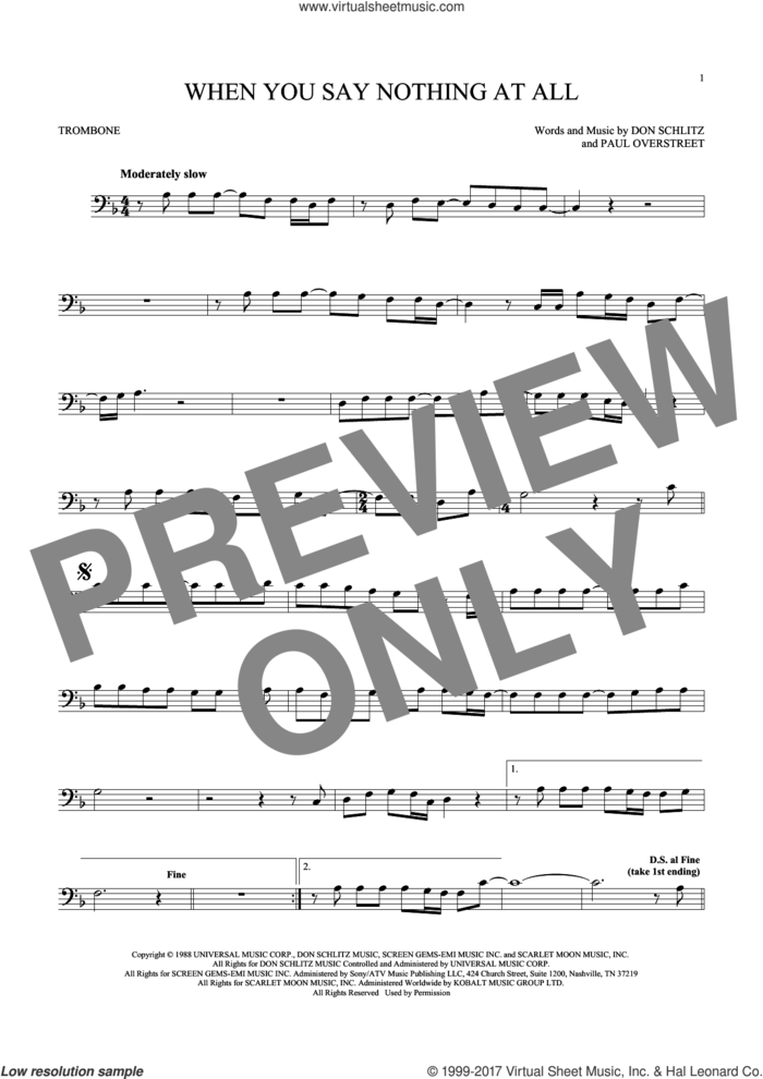 When You Say Nothing At All sheet music for trombone solo by Alison Krauss & Union Station, Keith Whitley, Don Schlitz and Paul Overstreet, wedding score, intermediate skill level