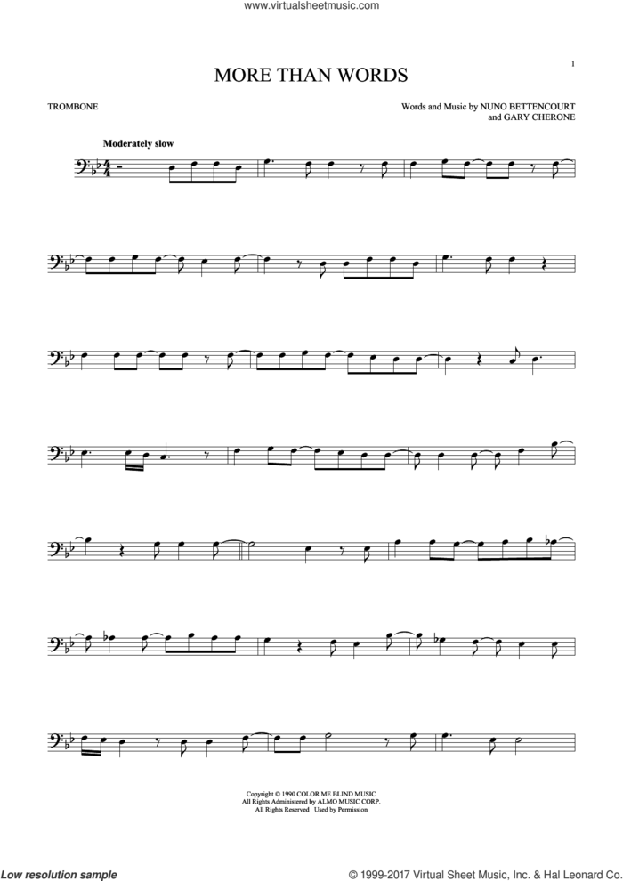 More Than Words sheet music for trombone solo by Extreme, Gary Cherone and Nuno Bettencourt, intermediate skill level