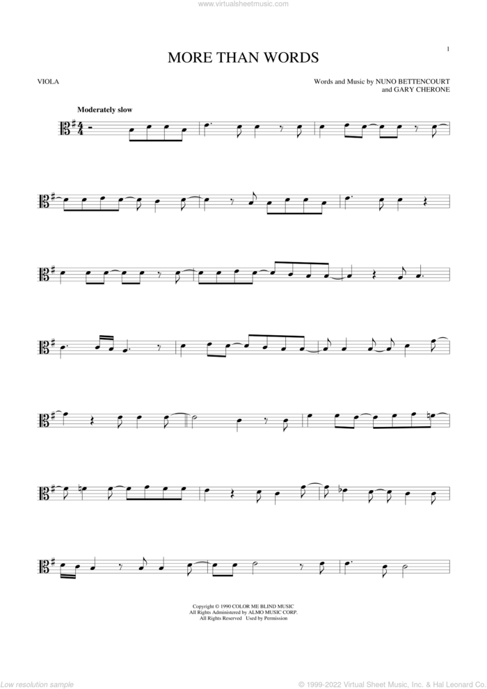 More Than Words sheet music for viola solo by Extreme, Gary Cherone and Nuno Bettencourt, intermediate skill level