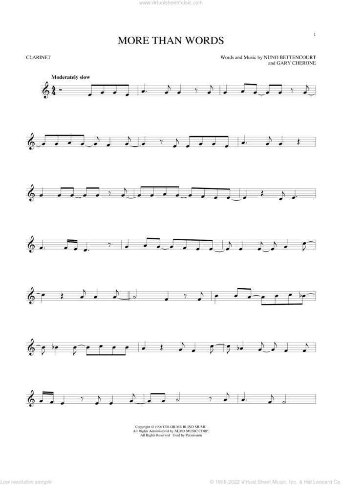 More Than Words sheet music for clarinet solo by Extreme, Gary Cherone and Nuno Bettencourt, intermediate skill level