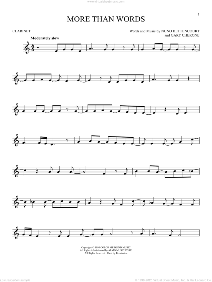 More Than Words sheet music for clarinet solo by Extreme, Gary Cherone and Nuno Bettencourt, intermediate skill level