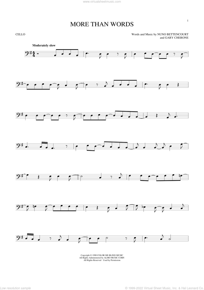 More Than Words sheet music for cello solo by Extreme, Gary Cherone and Nuno Bettencourt, intermediate skill level