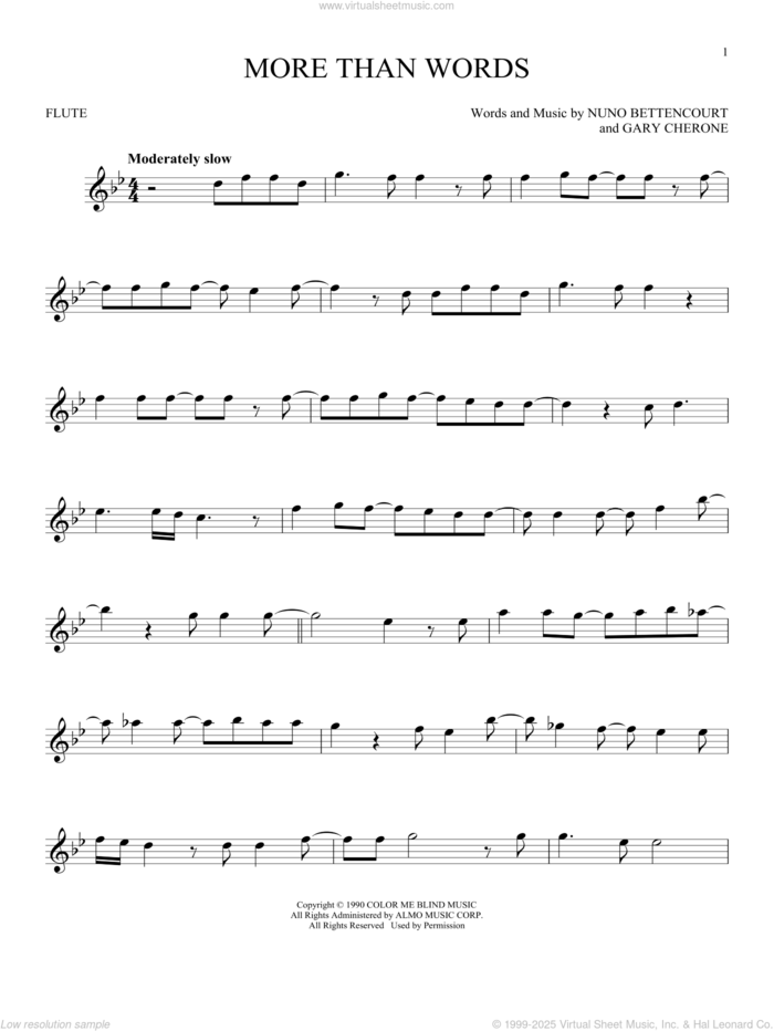 More Than Words sheet music for flute solo by Extreme, Gary Cherone and Nuno Bettencourt, intermediate skill level