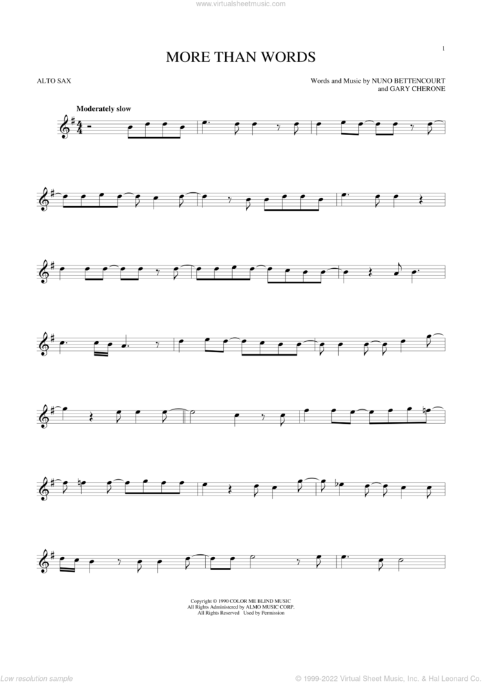 More Than Words sheet music for alto saxophone solo by Extreme, Gary Cherone and Nuno Bettencourt, intermediate skill level
