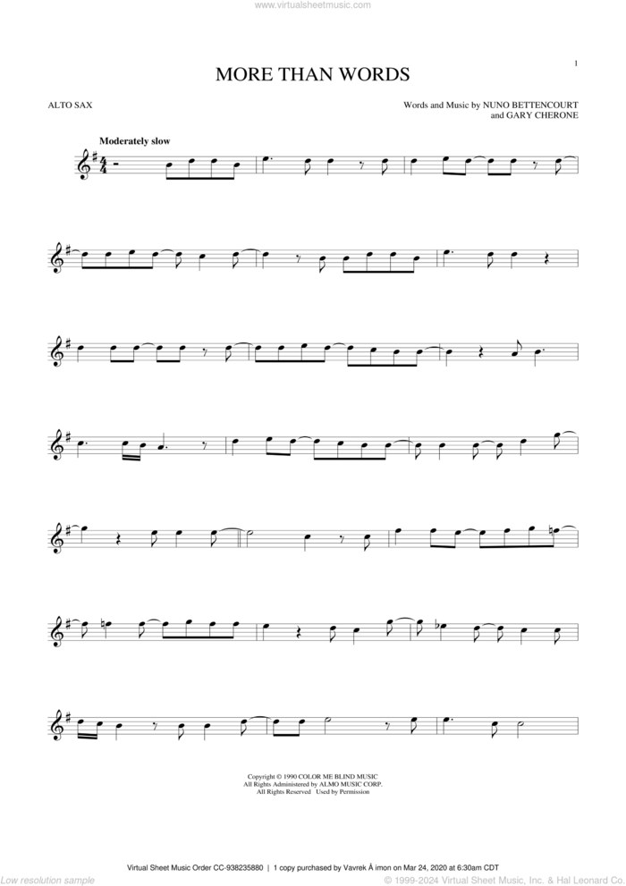 More Than Words sheet music for alto saxophone solo by Extreme, Gary Cherone and Nuno Bettencourt, intermediate skill level