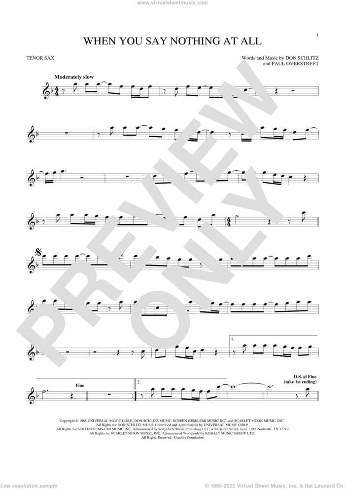 When You Say Nothing At All sheet music for tenor saxophone solo by Alison Krauss & Union Station, Keith Whitley, Don Schlitz and Paul Overstreet, wedding score, intermediate skill level