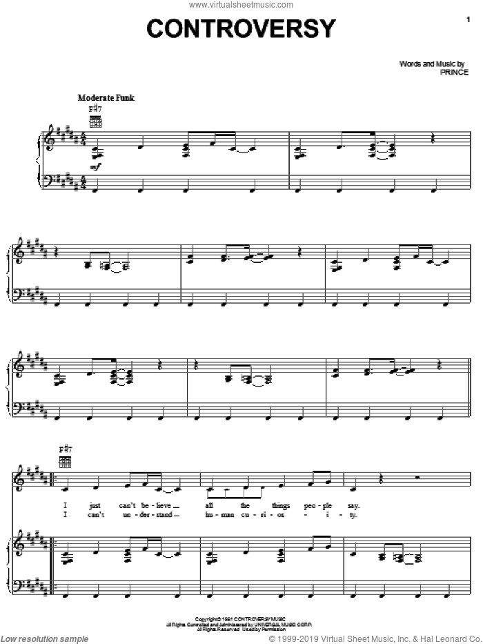 Controversy sheet music for voice, piano or guitar by Prince, intermediate skill level