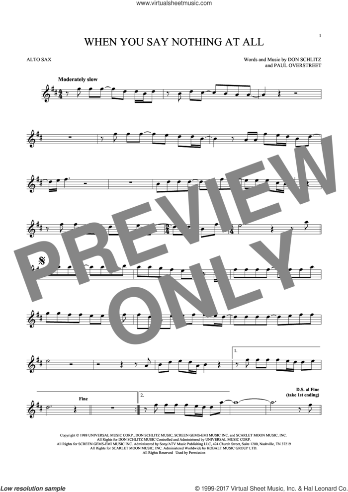 When You Say Nothing At All sheet music for alto saxophone solo by Alison Krauss & Union Station, Keith Whitley, Don Schlitz and Paul Overstreet, wedding score, intermediate skill level