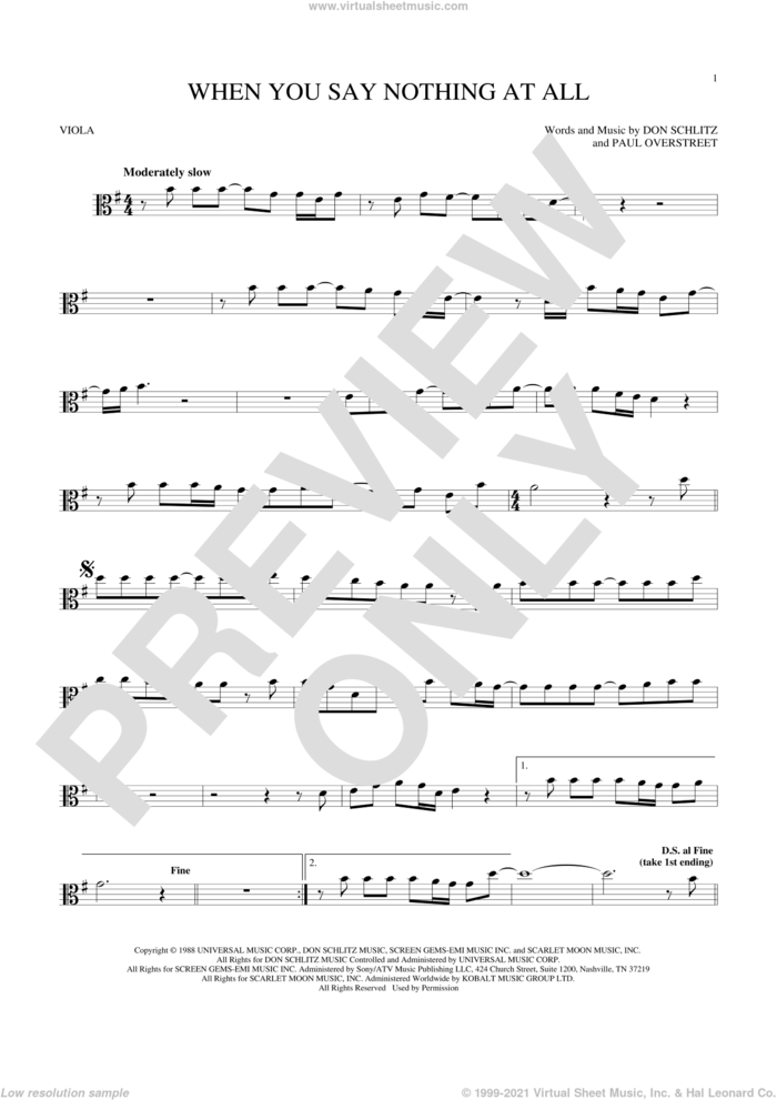 When You Say Nothing At All sheet music for viola solo by Alison Krauss & Union Station, Keith Whitley, Don Schlitz and Paul Overstreet, wedding score, intermediate skill level