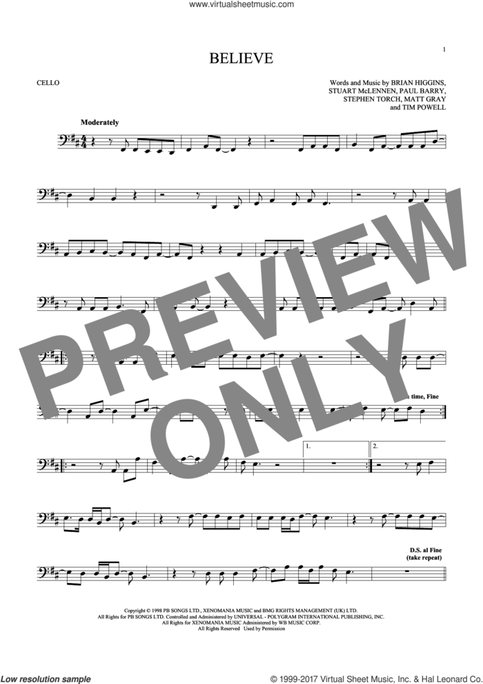 Believe sheet music for cello solo by Cher, Brian Higgins, Matt Gray, Paul Barry, Stephen Torch, Stuart McLennen and Timothy Powell, intermediate skill level
