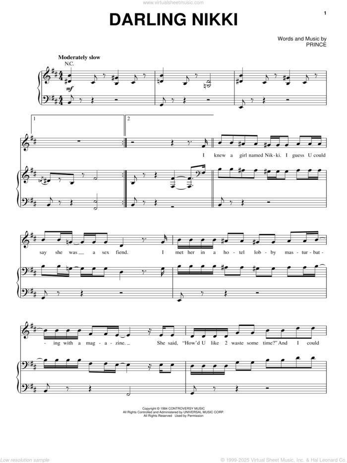 Darling Nikki sheet music for voice, piano or guitar by Prince and Prince & The Revolution, intermediate skill level