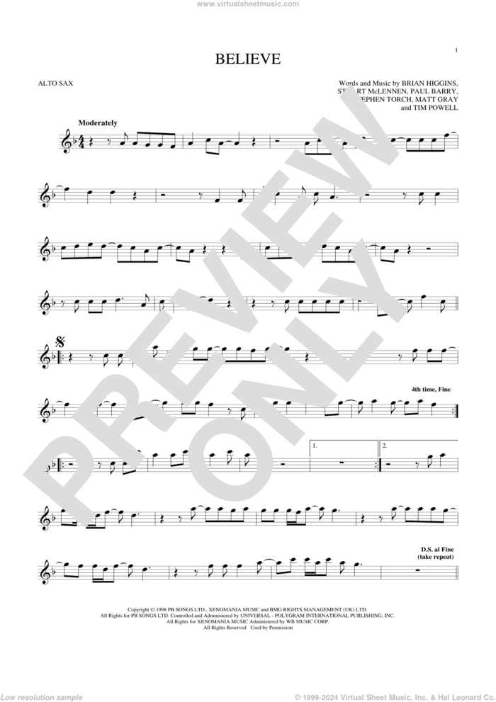 Believe sheet music for alto saxophone solo by Cher, Brian Higgins, Matt Gray, Paul Barry, Stephen Torch, Stuart McLennen and Timothy Powell, intermediate skill level