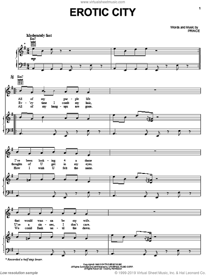 Erotic City sheet music for voice, piano or guitar by Prince, intermediate skill level