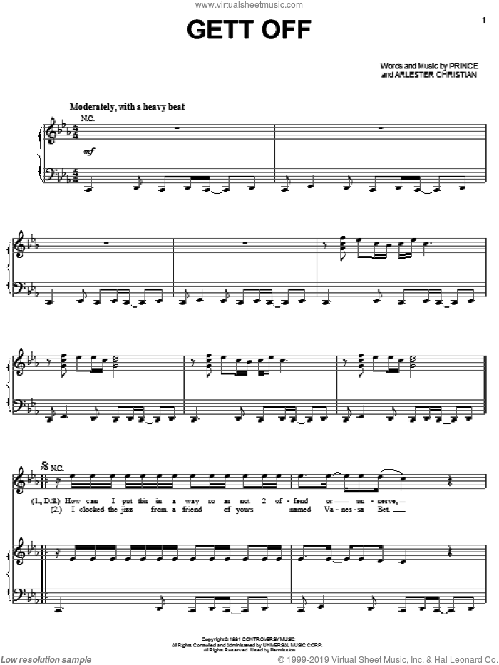 Gett Off sheet music for voice, piano or guitar by Prince, Prince & The New Power Generation and Arlester Christian, intermediate skill level
