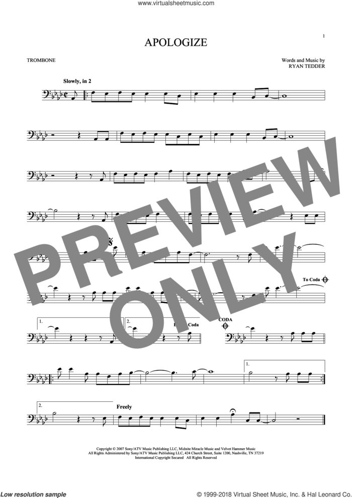 Apologize sheet music for trombone solo by Timbaland featuring OneRepublic, OneRepublic and Ryan Tedder, intermediate skill level
