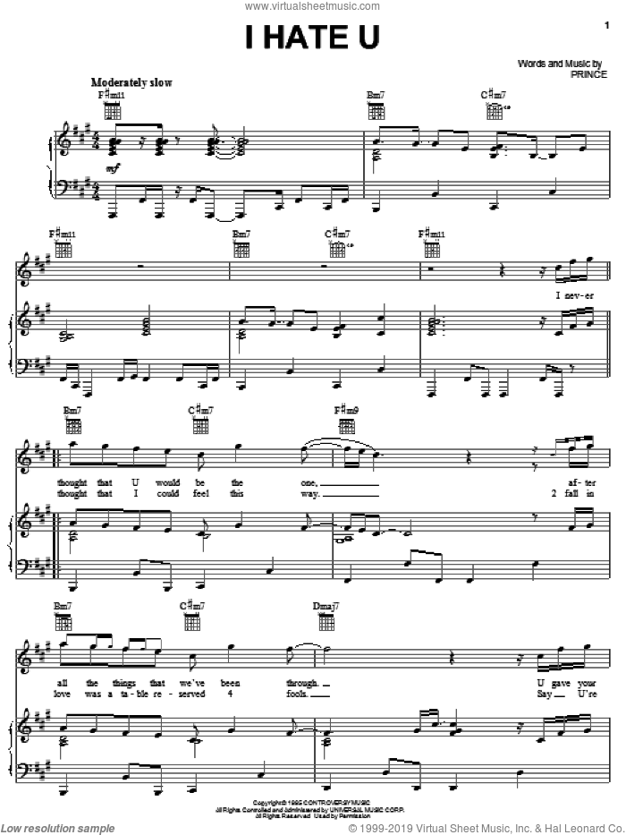 I Hate U sheet music for voice, piano or guitar by Prince, intermediate skill level