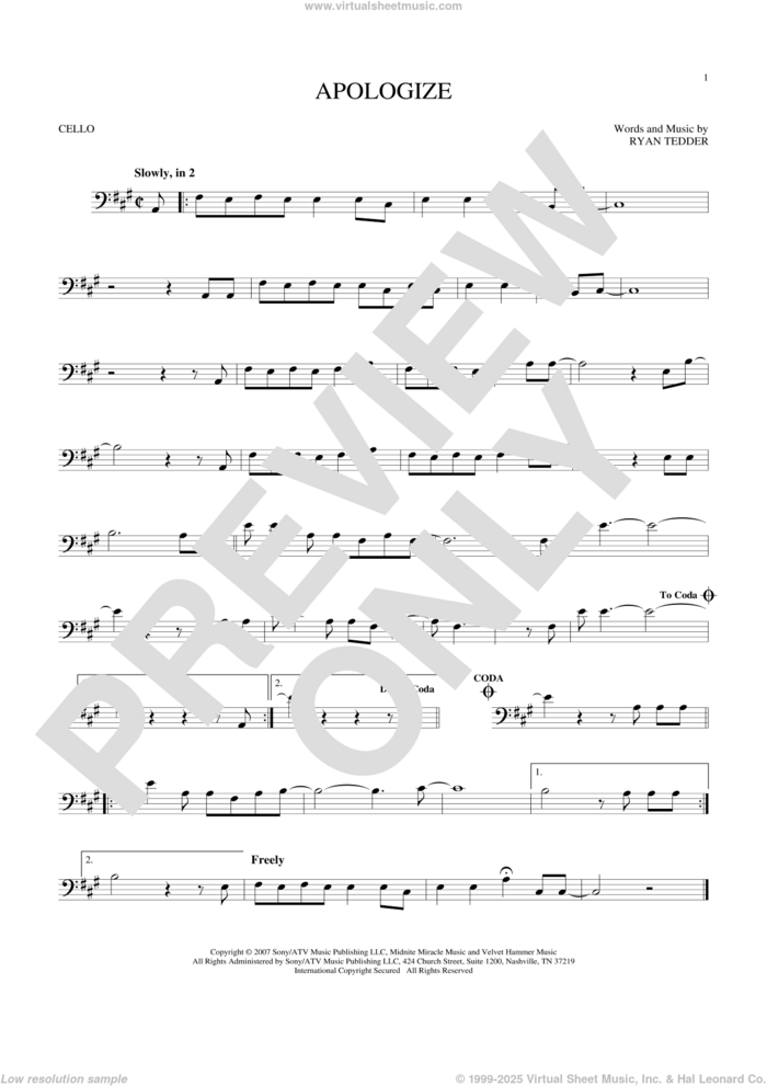 Apologize sheet music for cello solo by Timbaland featuring OneRepublic, OneRepublic and Ryan Tedder, intermediate skill level