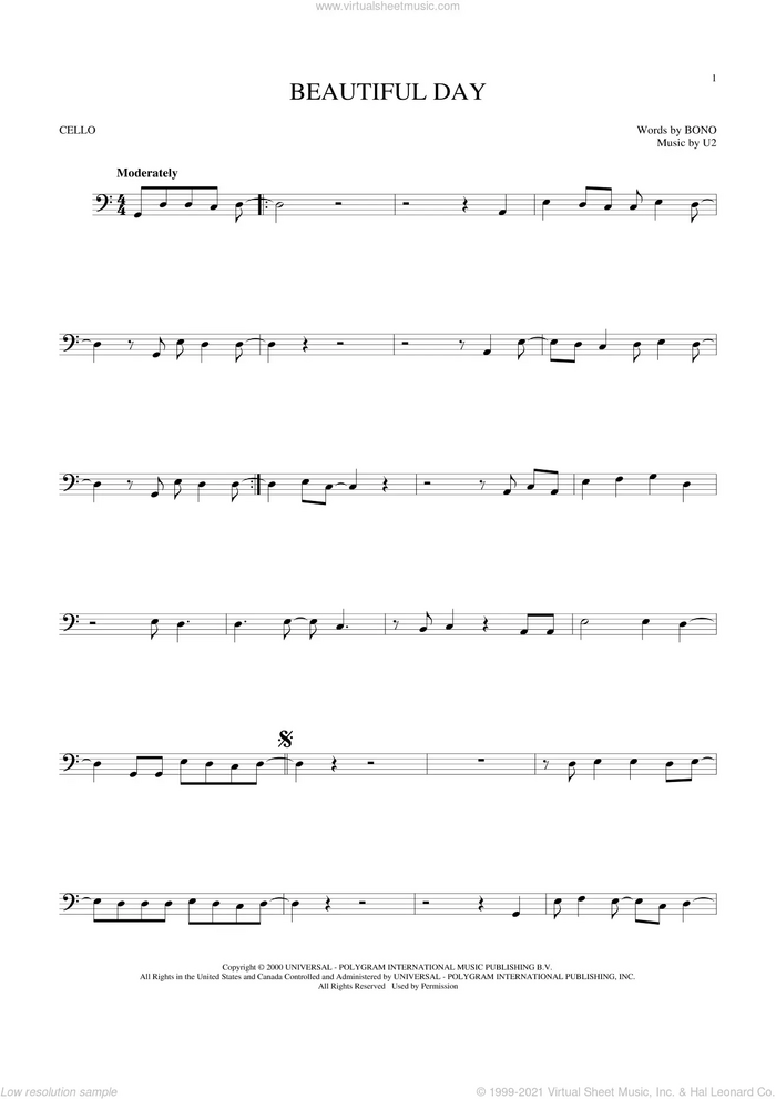 Beautiful Day sheet music for cello solo by U2, Lee DeWyze and Bono, intermediate skill level