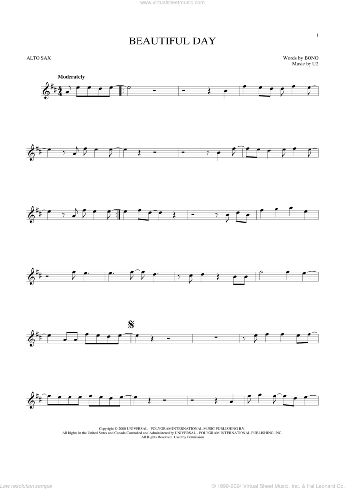 Beautiful Day sheet music for alto saxophone solo by U2, Lee DeWyze and Bono, intermediate skill level