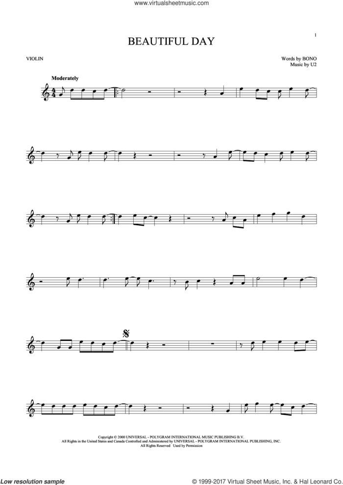 Beautiful Day sheet music for violin solo by U2, Lee DeWyze and Bono, intermediate skill level