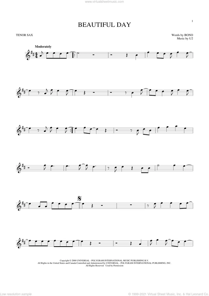 Beautiful Day sheet music for tenor saxophone solo by U2, Lee DeWyze and Bono, intermediate skill level