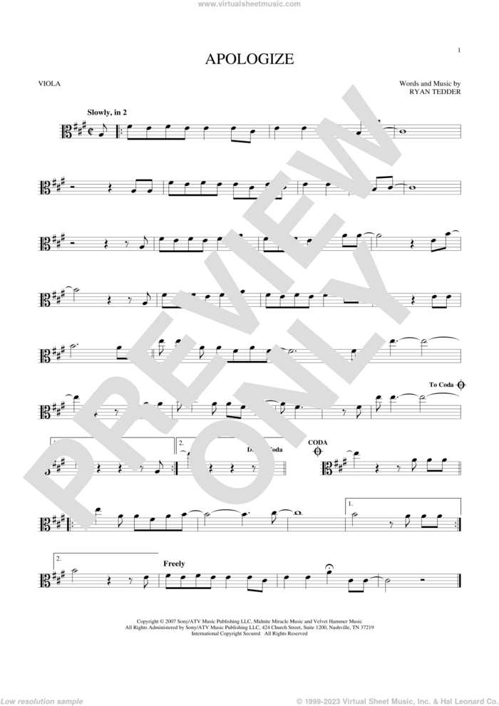 Apologize sheet music for viola solo by Timbaland featuring OneRepublic, OneRepublic and Ryan Tedder, intermediate skill level