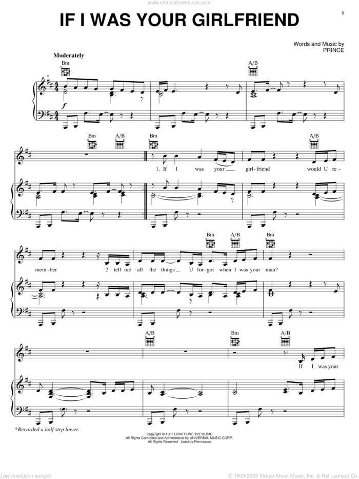 If I Was Your Girlfriend sheet music for voice, piano or guitar by Prince, intermediate skill level