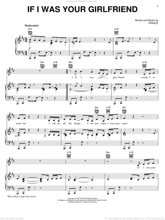 If I Was Your Girlfriend sheet music for voice, piano or guitar by Prince, intermediate skill level