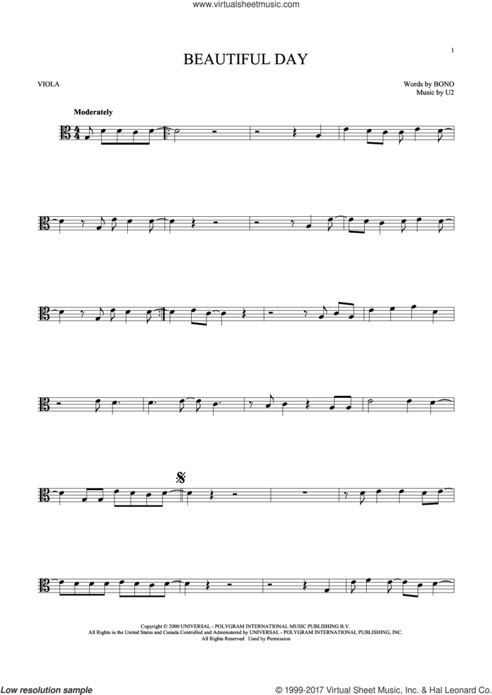 Beautiful Day sheet music for viola solo by U2, Lee DeWyze and Bono, intermediate skill level