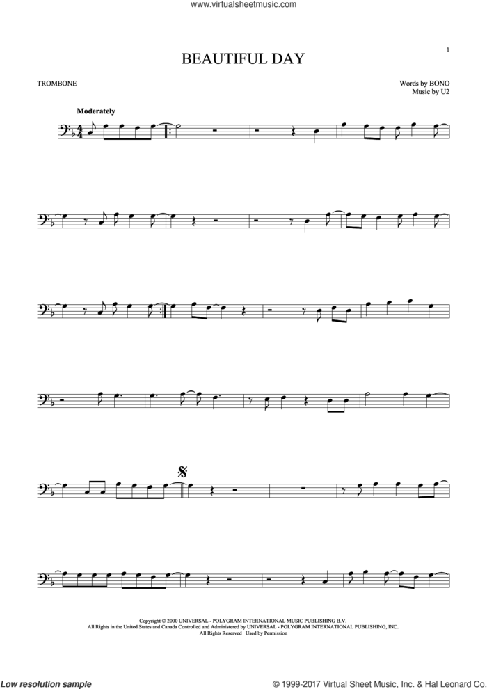Beautiful Day sheet music for trombone solo by U2, Lee DeWyze and Bono, intermediate skill level