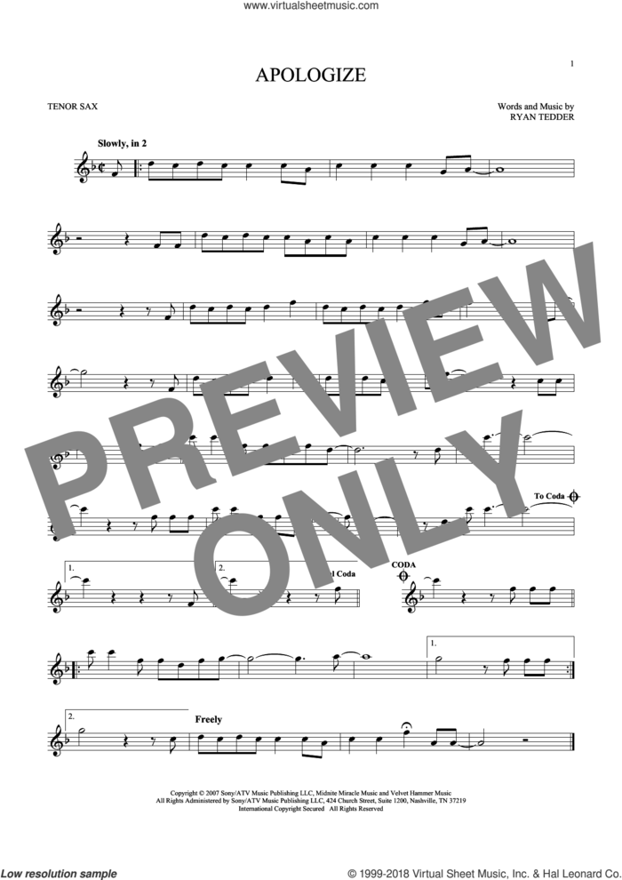 Apologize sheet music for tenor saxophone solo by Timbaland featuring OneRepublic, OneRepublic and Ryan Tedder, intermediate skill level
