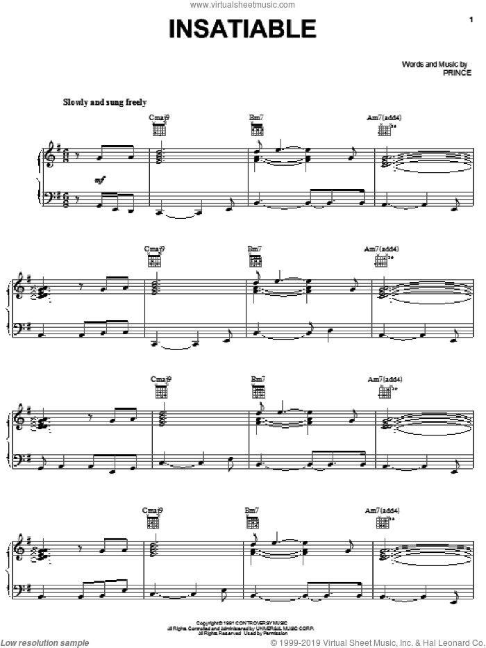 Insatiable sheet music for voice, piano or guitar by Prince and Prince & The New Power Generation, intermediate skill level