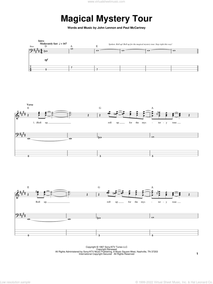Magical Mystery Tour sheet music for bass (tablature) (bass guitar) by The Beatles, John Lennon and Paul McCartney, intermediate skill level