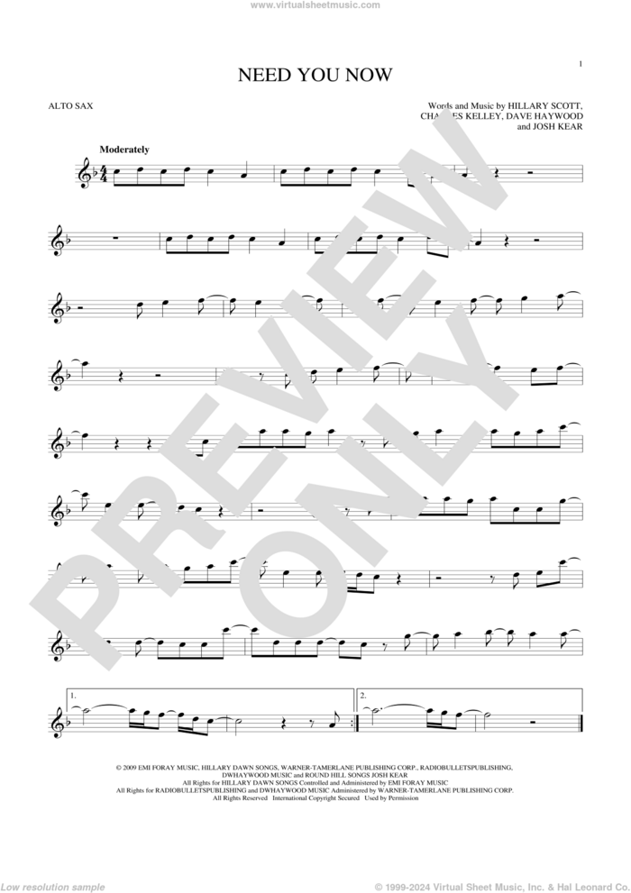 Need You Now sheet music for alto saxophone solo by Lady Antebellum, Lady A, Charles Kelley, Dave Haywood, Hillary Scott and Josh Kear, intermediate skill level