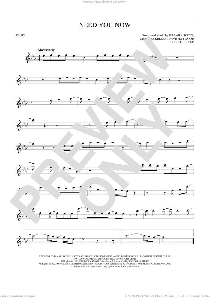 Need You Now sheet music for flute solo by Lady Antebellum, Lady A, Charles Kelley, Dave Haywood, Hillary Scott and Josh Kear, intermediate skill level