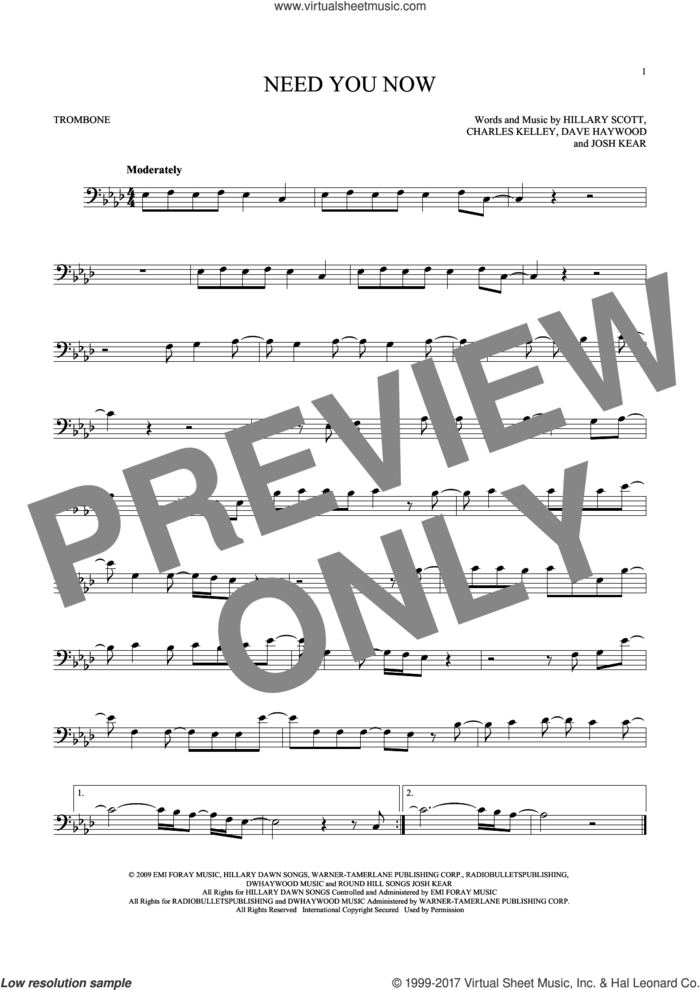 Need You Now sheet music for trombone solo by Lady Antebellum, Lady A, Charles Kelley, Dave Haywood, Hillary Scott and Josh Kear, intermediate skill level