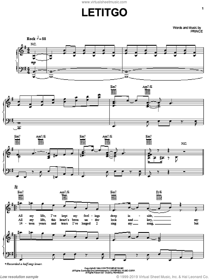 Letitgo sheet music for voice, piano or guitar by Prince, intermediate skill level