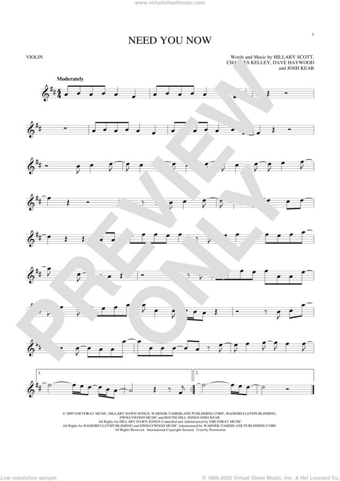 Need You Now sheet music for violin solo by Lady Antebellum, Lady A, Charles Kelley, Dave Haywood, Hillary Scott and Josh Kear, intermediate skill level