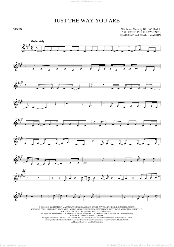 Just The Way You Are sheet music for violin solo by Bruno Mars, Ari Levine, Khalil Walton, Khari Cain and Philip Lawrence, wedding score, intermediate skill level