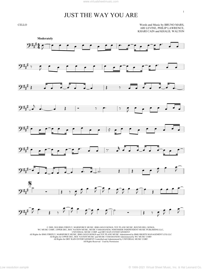 Just The Way You Are sheet music for cello solo by Bruno Mars, Ari Levine, Khalil Walton, Khari Cain and Philip Lawrence, intermediate skill level