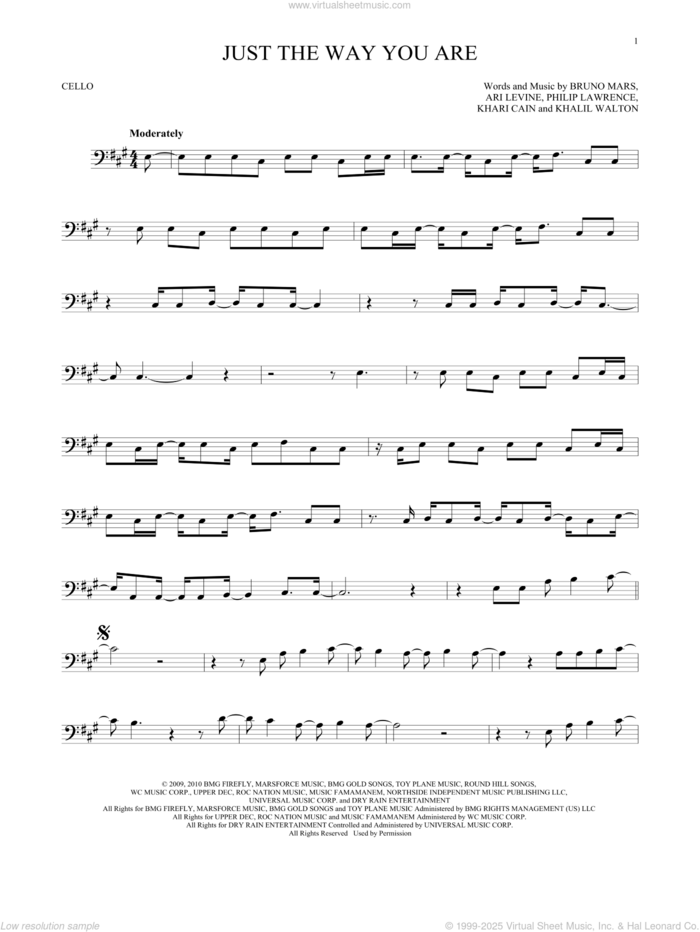 Just The Way You Are sheet music for cello solo by Bruno Mars, Ari Levine, Khalil Walton, Khari Cain and Philip Lawrence, intermediate skill level