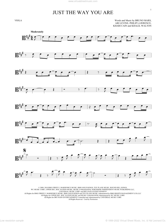 Just The Way You Are sheet music for viola solo by Bruno Mars, Ari Levine, Khalil Walton, Khari Cain and Philip Lawrence, wedding score, intermediate skill level