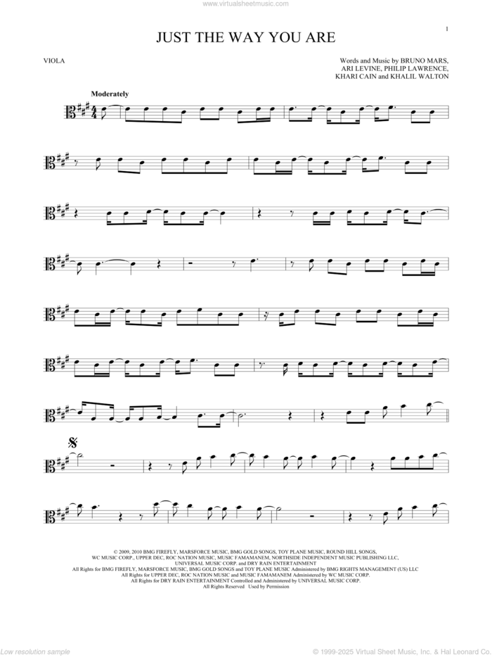 Just The Way You Are sheet music for viola solo by Bruno Mars, Ari Levine, Khalil Walton, Khari Cain and Philip Lawrence, wedding score, intermediate skill level