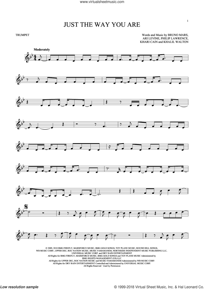 Just The Way You Are sheet music for trumpet solo by Bruno Mars, Ari Levine, Khalil Walton, Khari Cain and Philip Lawrence, wedding score, intermediate skill level