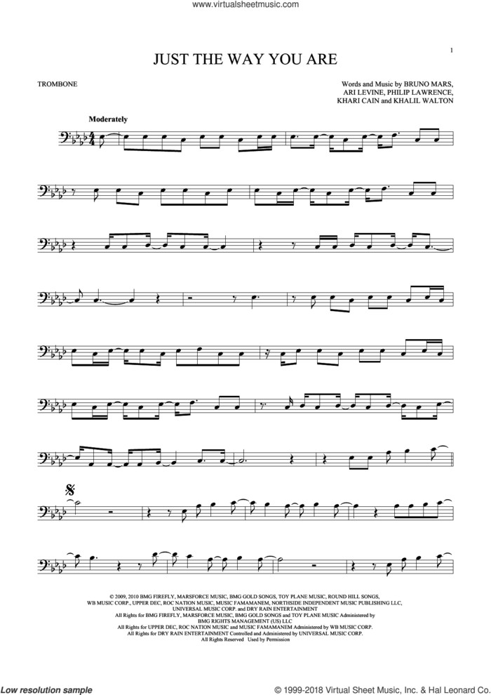 Just The Way You Are sheet music for trombone solo by Bruno Mars, Ari Levine, Khalil Walton, Khari Cain and Philip Lawrence, wedding score, intermediate skill level