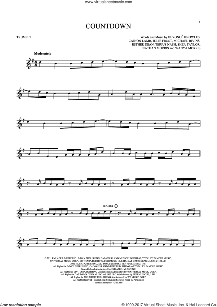 Countdown sheet music for trumpet solo by Beyonce, Beyonce Knowles, Cainon Lamb, Ester Dean, Julie Frost, Michael Bivins, Nathan Morris, Shea Taylor, Terius Nash and Wanya Morris, intermediate skill level