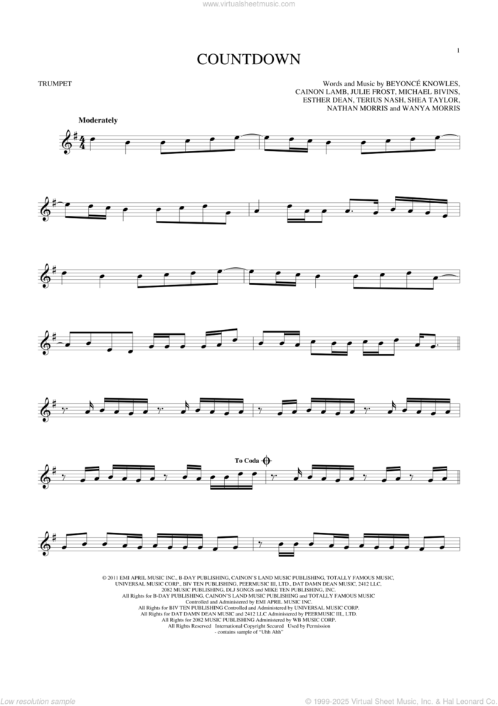 Countdown sheet music for trumpet solo by Beyonce, Beyonce Knowles, Cainon Lamb, Ester Dean, Julie Frost, Michael Bivins, Nathan Morris, Shea Taylor, Terius Nash and Wanya Morris, intermediate skill level