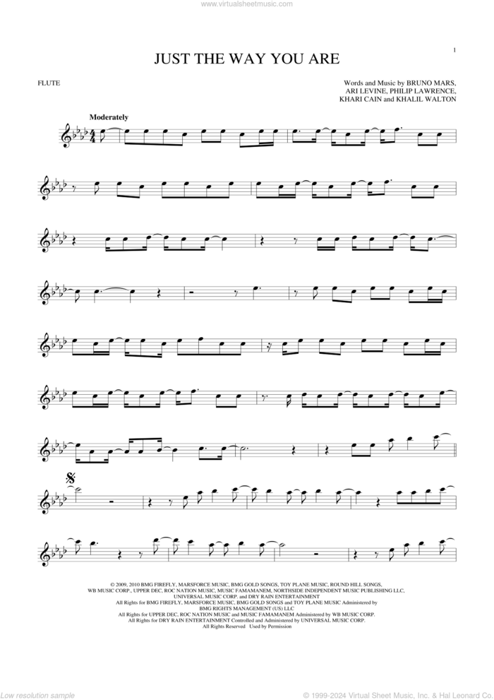 Just The Way You Are sheet music for flute solo by Bruno Mars, Ari Levine, Khalil Walton, Khari Cain and Philip Lawrence, wedding score, intermediate skill level