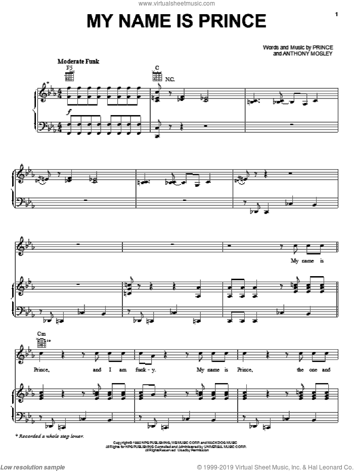 My Name Is Prince sheet music for voice, piano or guitar by Prince, Prince & The New Power Generation and Anthony Mosley, intermediate skill level