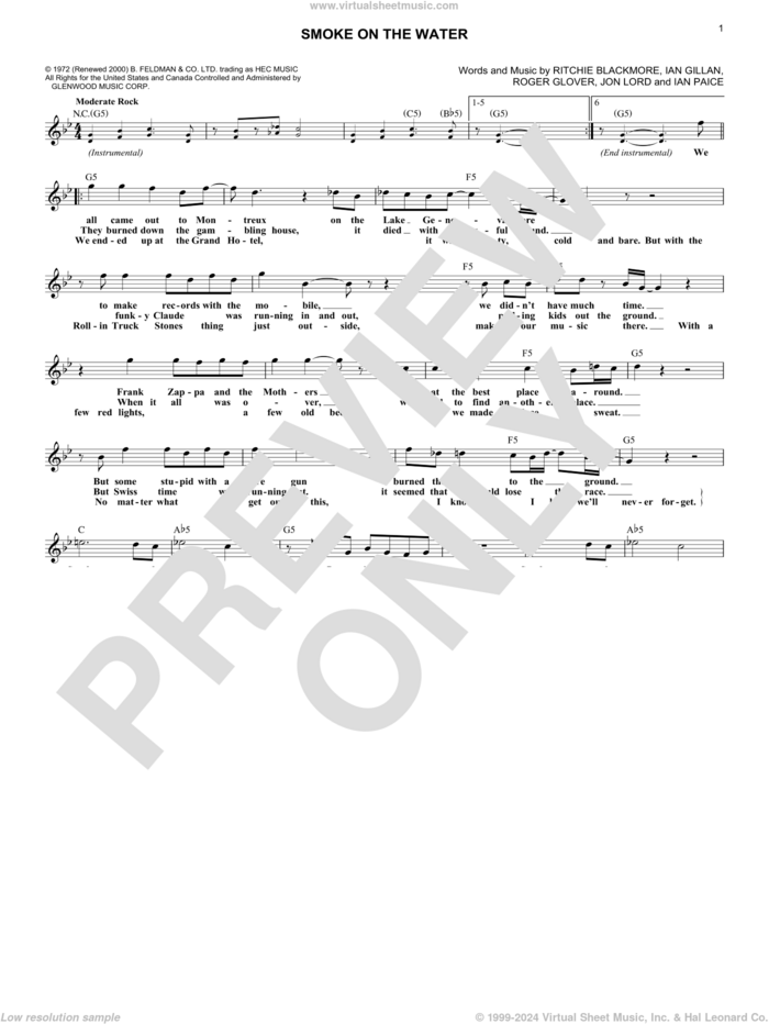 Smoke On The Water sheet music for voice and other instruments (fake book) by Deep Purple, Ian Gillan, Ian Paice, Jon Lord, Ritchie Blackmore and Roger Glover, intermediate skill level